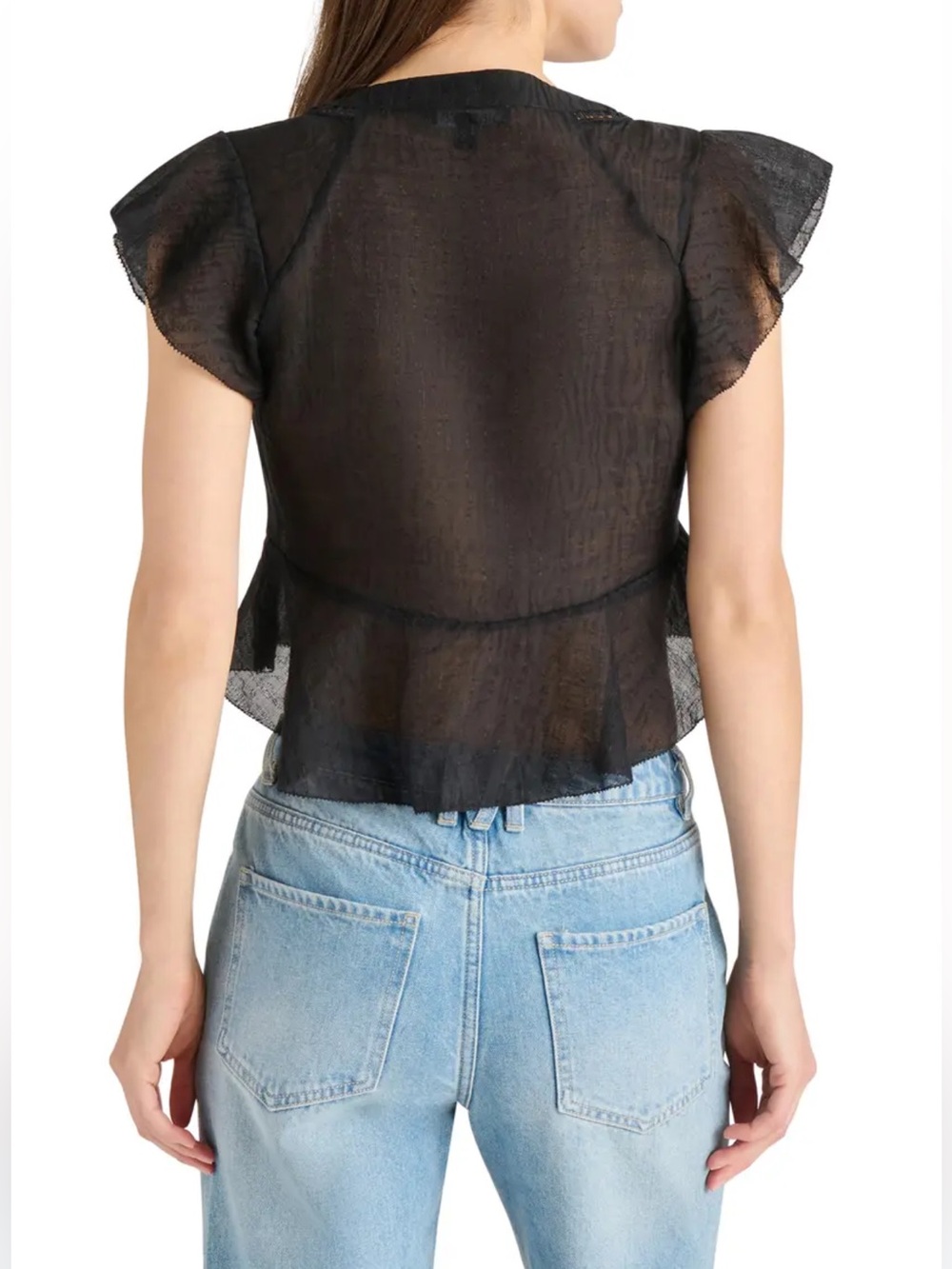 Steve Madden Leyla  Black V-Neck Lace Flutter Sleeve Peplum Blouse size S - Picture 3 of 12